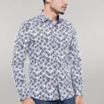 Blue Floral Patterned Long Sleeve White Men Shirt - Wessi