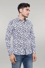 Blue Floral Patterned Long Sleeve White Men Shirt