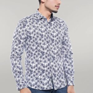 Blue Floral Patterned Long Sleeve White Men Shirt - Wessi
