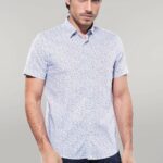 Blue Floral Patterned Short Sleeve White Men Shirt - Wessi