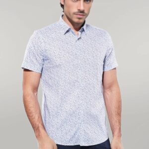 Blue Floral Patterned Short Sleeve White Men Shirt - Wessi