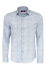 Blue Floral Patterned Slim Fit White Men Shirt