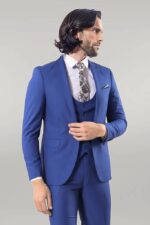 Blue Men's Plain Suit with Vest