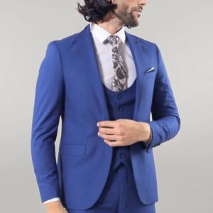 Blue Men's Plain Suit with Vest - Wessi