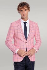 Blue Plaid Patterned Slim Fit Pink Men Blazer