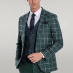 Blue Vested Slim Fit Checked Green Men Suit - Wessi