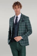 Blue Vested Slim Fit Checked Green Men Suit