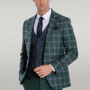 Blue Vested Slim Fit Checked Green Men Suit - Wessi