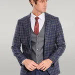 Blue Vested Slim Fit Checked Navy Blue Men Suit - Wessi