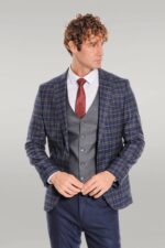 Blue Vested Slim Fit Checked Navy Blue Men Suit