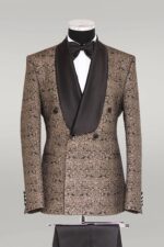 Brocade Double-Breasted Satin Lapel Gold and Black Men's Tuxedo with Bow Tie