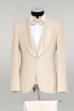 Brocade Double-Breasted Satin Lapel Ivory Men's Tuxedo with Bow Tie