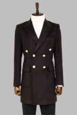 Brown Metal Buttoned Double Breasted Long Coat