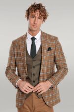 Brown Vested Slim Fit Checked Tan Men Suit