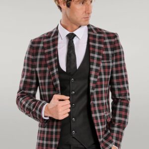 Burgundy Checked Blazer Slim Fit Black Men Suit - Wessi