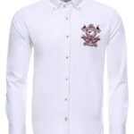 Burgundy Embroidery Pattern Long Sleeves White Men Shirt