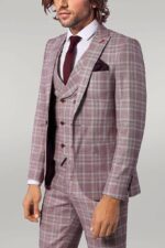 Burgundy Plaid Vested Slim Fit Italian Suit