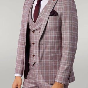 Burgundy Plaid Vested Slim Fit Italian Suit - Wessi