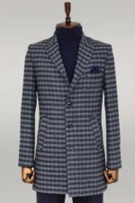 Cachet Plaid Wide Lapel Slim Fit Navy Blue Men Coat