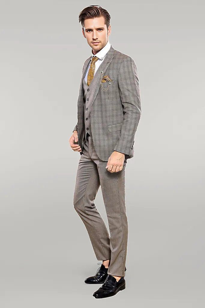 Checked Brown Vested Men's Suit