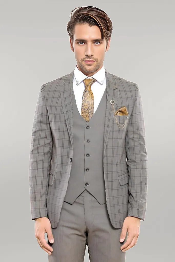 Checked Brown Vested Men's Suit