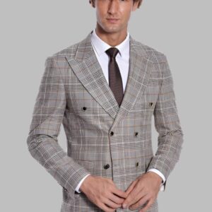 Checked Double Breasted Brown Men Blazer - Wessi