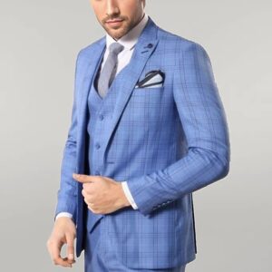 Checked Light Blue Men Suit - Wessi