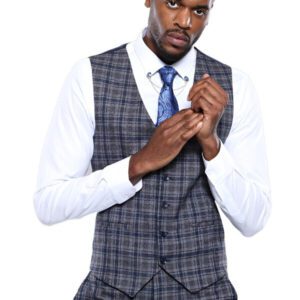 Checked Navy Blue Men Vest - Wessi