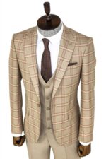 Checked-Patterned-Beige-Slim-Fit-Suit-Wessi-3
