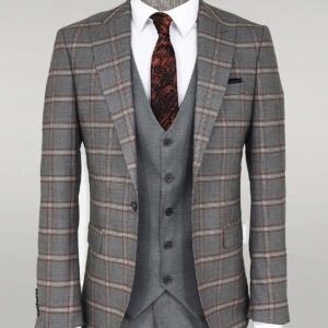 Checked Patterned Grey Slim Fit Suit - Wessi