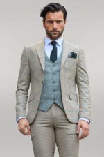 Checked Patterned Slim Fit Beige Men Suit