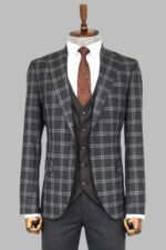 Checked Patterned Slim Fit Black Men Suit