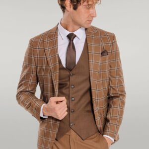 Checked Patterned Slim Fit Brown Men Suit - Wessi
