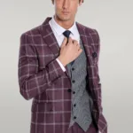 Checked Patterned Slim Fit Burgundy Men Suit - Wessi