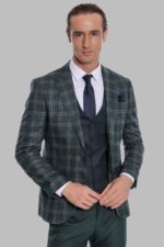 Checked Patterned Slim Fit Green Men Suit