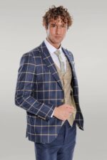 Checked Patterned Slim Fit Navy Blue Men Suit