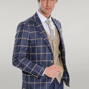 Checked Patterned Slim Fit Navy Blue Men Suit - Wessi