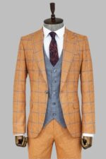 Checked Patterned Slim Fit Orange Men Suit