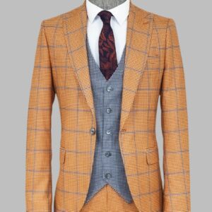 Checked Patterned Slim Fit Orange Men Suit - Wessi