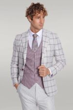 Checked Patterned Vested Light Grey Men Suit