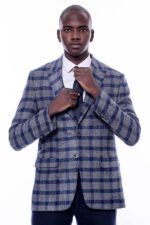 Checked Peak Lapel Slim-Fit Blue Men Blazer