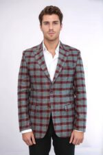 Checked Peak Lapel Slim-Fit Burgundy Men Blazer