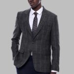 Checked Peak Lapel Slim-Fit Dark Grey Men Blazer - Wessi