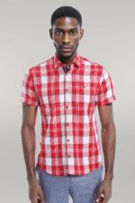 Checked Short Sleeve Burgundy Men Shirt