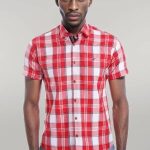 Checked Short Sleeve Burgundy Men Shirt - Wessi
