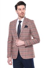 Checked Single Button Burgundy Men Blazer
