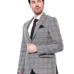 Checked Single Button Slim Fit Grey Men Blazer - Wessi