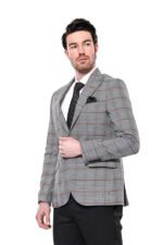 Checked Single Button Slim Fit Grey Men Blazer