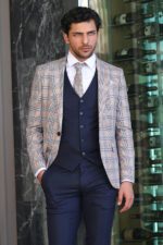 Checked Slim Fit Brown Men Suit