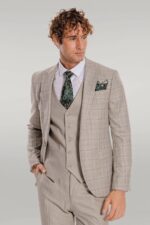 Checked Slim Fit Cream Men Suit